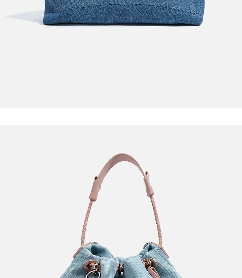 Denim Pouch Handbag With Wallet Long Strap Shoulder Bag