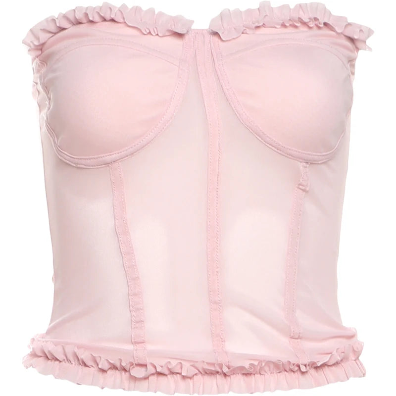 See Through Patchwork Strapless Top With Fishbone Detail Backless Fashion