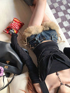 Retro Fluffy Spliced Denim Shorts With Strap Details Low Rise Fit
