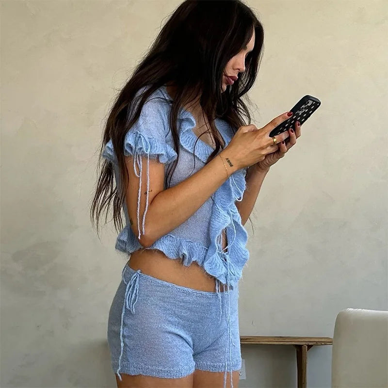 Lacework Lace Up Short Sleeve Top Slim Mini Shorts Knitted Set