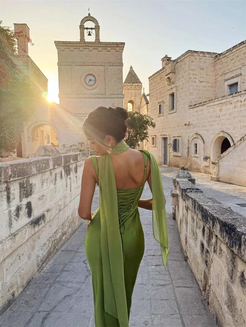 Elegant Satin Backless Halter Off-Shoulder Maxi Dress