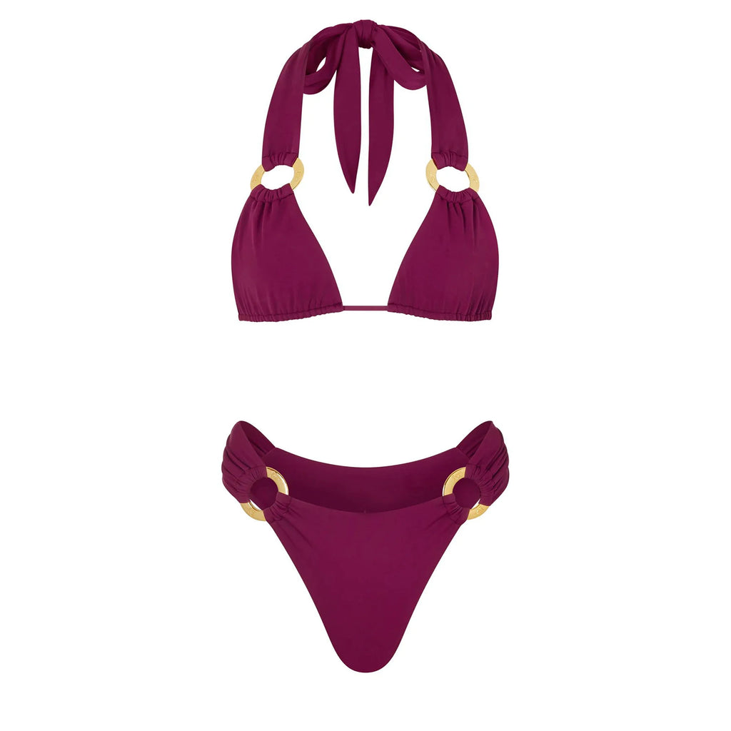 Three Piece Halter Bikini Set Purple Crochet Dress Swimsuit With Push Up Bandeau Beachwear