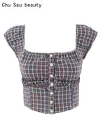 Sweet Plaid Chic Single Breasted Cropped Tops French Square Collar Puff Sleeve Blouse