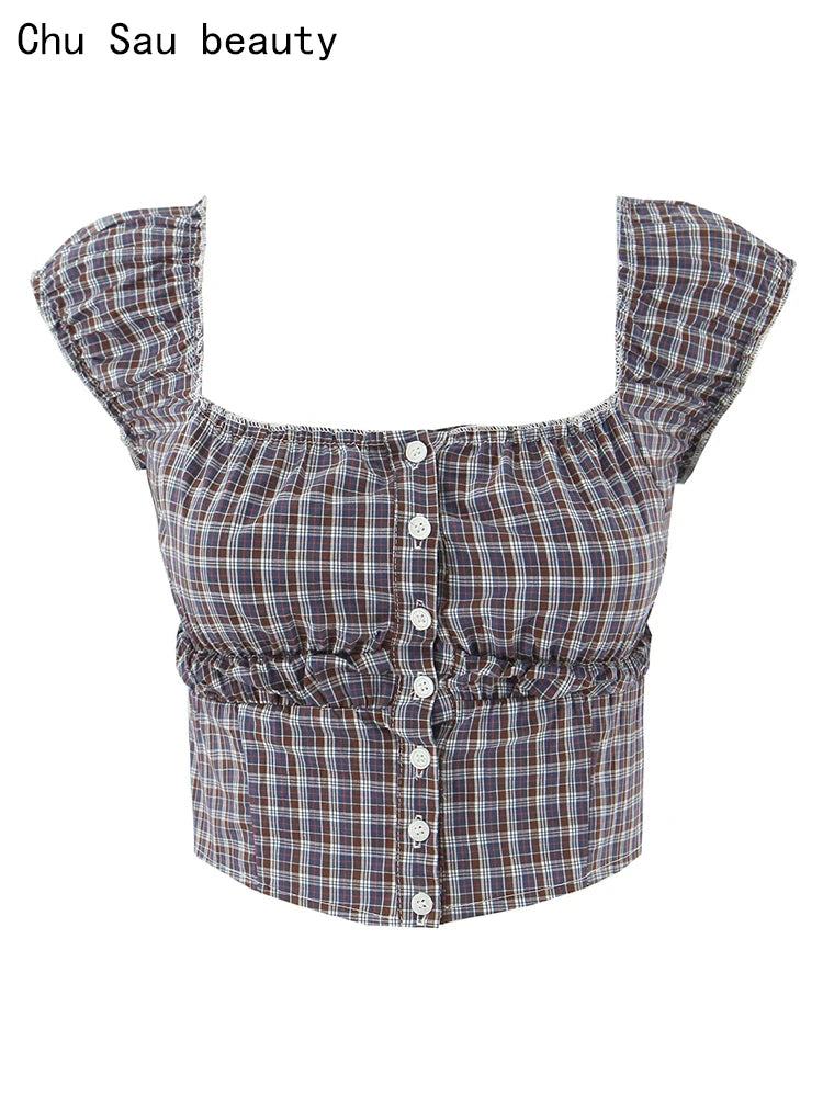 Sweet Plaid Chic Single Breasted Cropped Tops French Square Collar Puff Sleeve Blouse