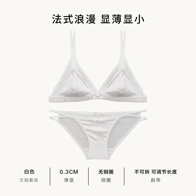 French Style Satin Lace Lingerie Set With Triangle Cups Wireless Soft Fabric Daily Wear