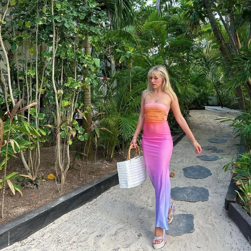 Gradient Print Backless Strapless Maxi Dress For Women Chest Wrap