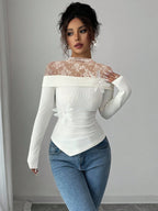 Mesh Patchwork Bodycon Top With Long Sleeve White Sleek Sexy Slim Fit