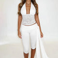 Lace Two Piece Set With Halter Backless Crop Top And Tie Waist Capri Pants See Through