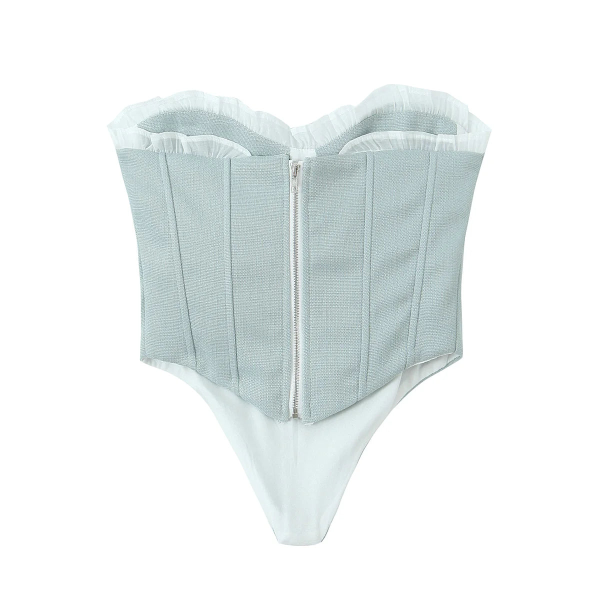 Sultry Gray And White Spliced Corset Crop Top With Fishbone Bodice