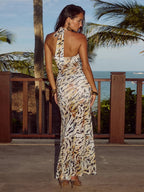 Animal Print Lace Up Halter Backless Ruched Maxi Dress