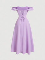 Romantic Off-Shoulder Corset Midi Dress With Bow Sleeves