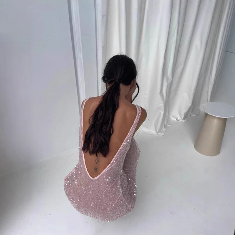 U-neck Sweet Evening Dress Fashion Sleeveless Sparkling Sequins Long