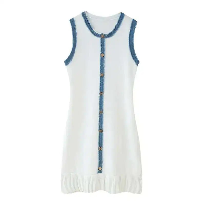 Patchwork Knit Mini Dress With Pleated Detail Round Neck Sleeveless