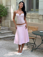 Delicate Lace Corset Cami And Midi Skirt Set Slim Fit Sleeveless Romantic Outfit