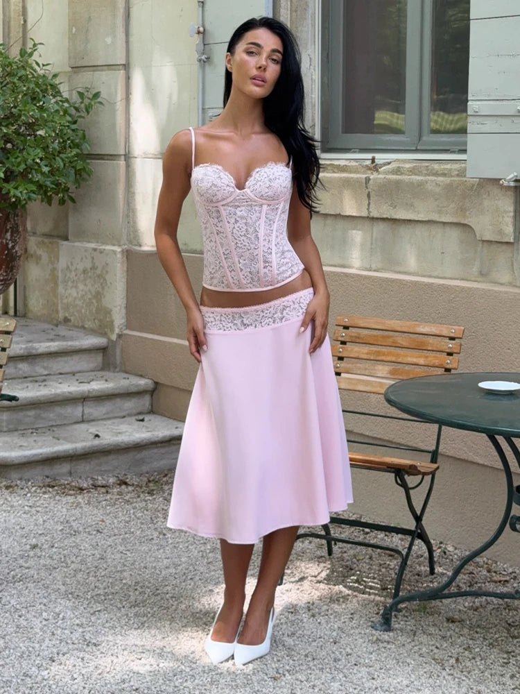 Delicate Lace Corset Cami And Midi Skirt Set Slim Fit Sleeveless Romantic Outfit