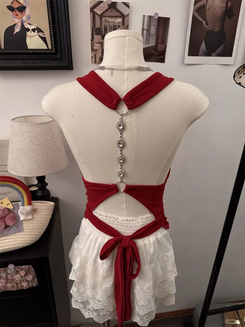 Y2K Halter Neck Backless Crop Tank Top
