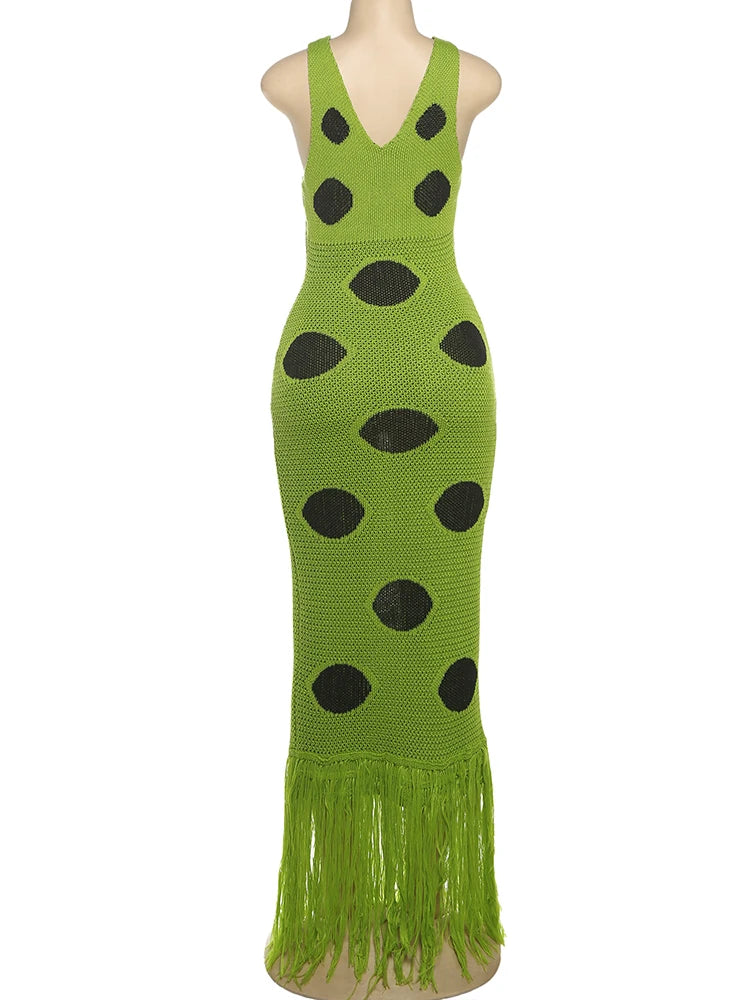 Midnight Sleeveless Knit Maxi Dress With Hollow Dot Tassel Hem