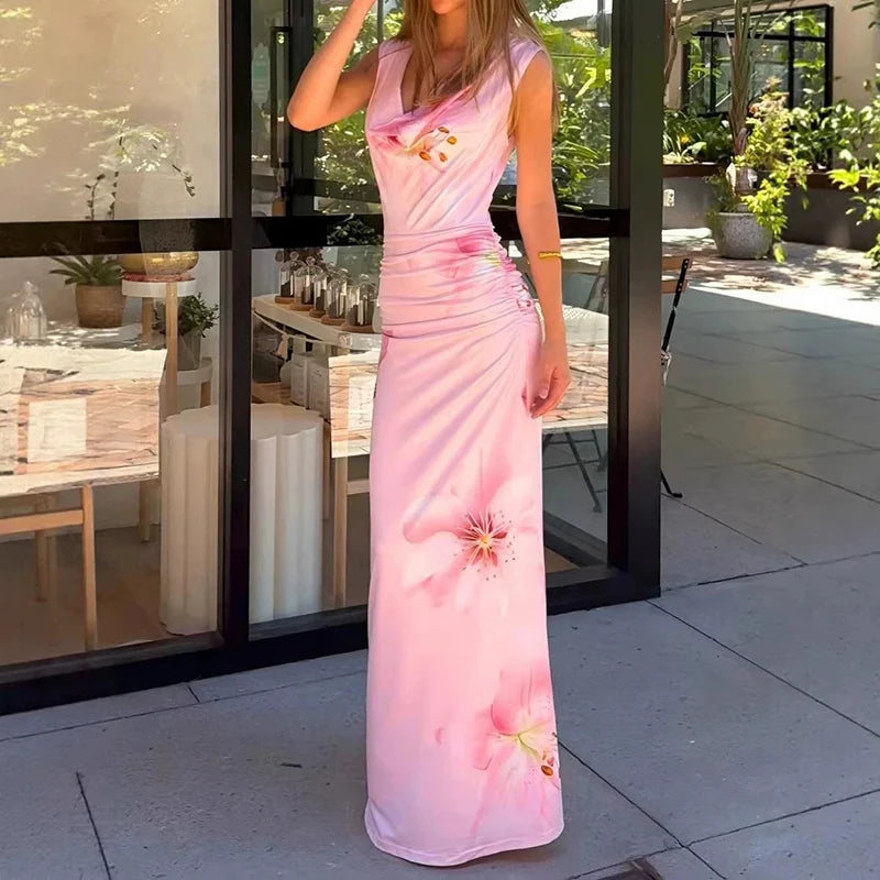 Elegant Floral Printed Pleated Maxi Dress With High Waist And V Neck Sleeveless
