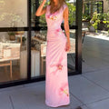 Elegant Floral Printed Pleated Maxi Dress With High Waist And V Neck Sleeveless
