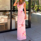Elegant Floral Printed Pleated Maxi Dress With High Waist And V Neck Sleeveless