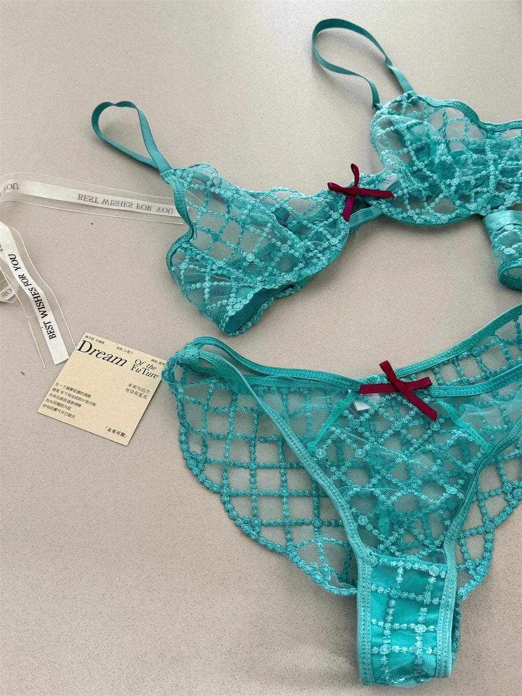 Lace Ultra-Thin Push-Up Bra Panty and Garter Set in Blue Transparent Lattice