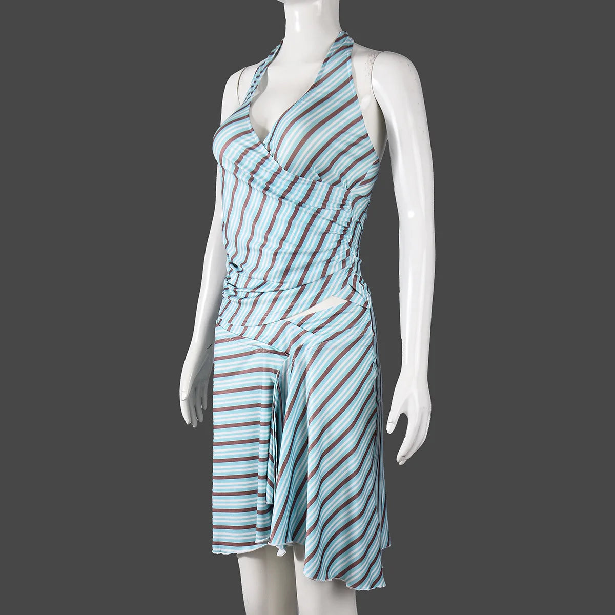 Open Back Halter Crop Top And Striped Skirt Set