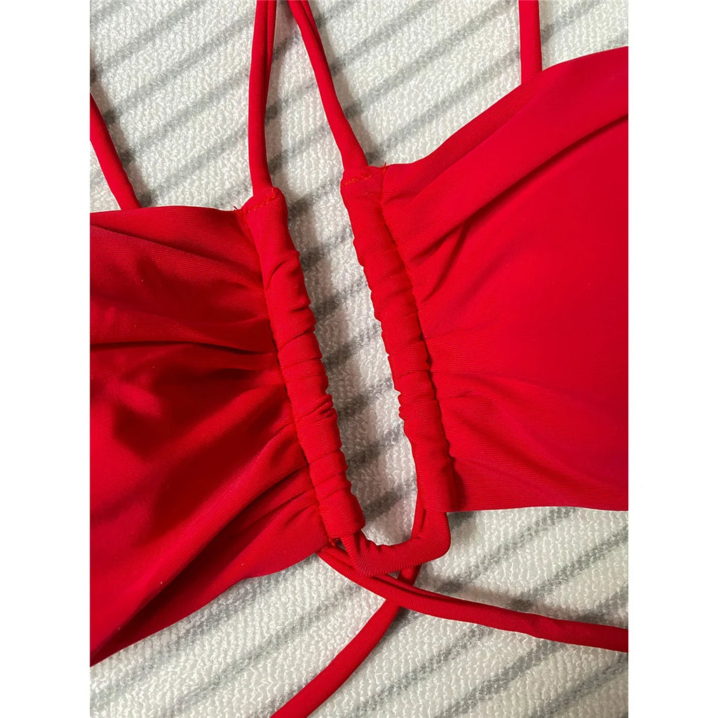 Floral 3D Detail Bikini Swimsuit With High Waist And Wrinkled Texture For Beach Days