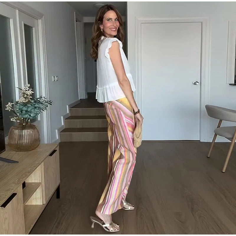 Vivid Multicolor Stripe Wide Leg Jeans With Pockets Low Waist Denim Trousers
