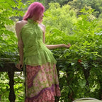 Green Ribbon Chiffon Sleeveless Top With Open Back And Floral Accent