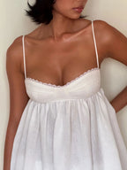 Women White Lace Trim Spaghetti Strap Babydoll Mini Dress