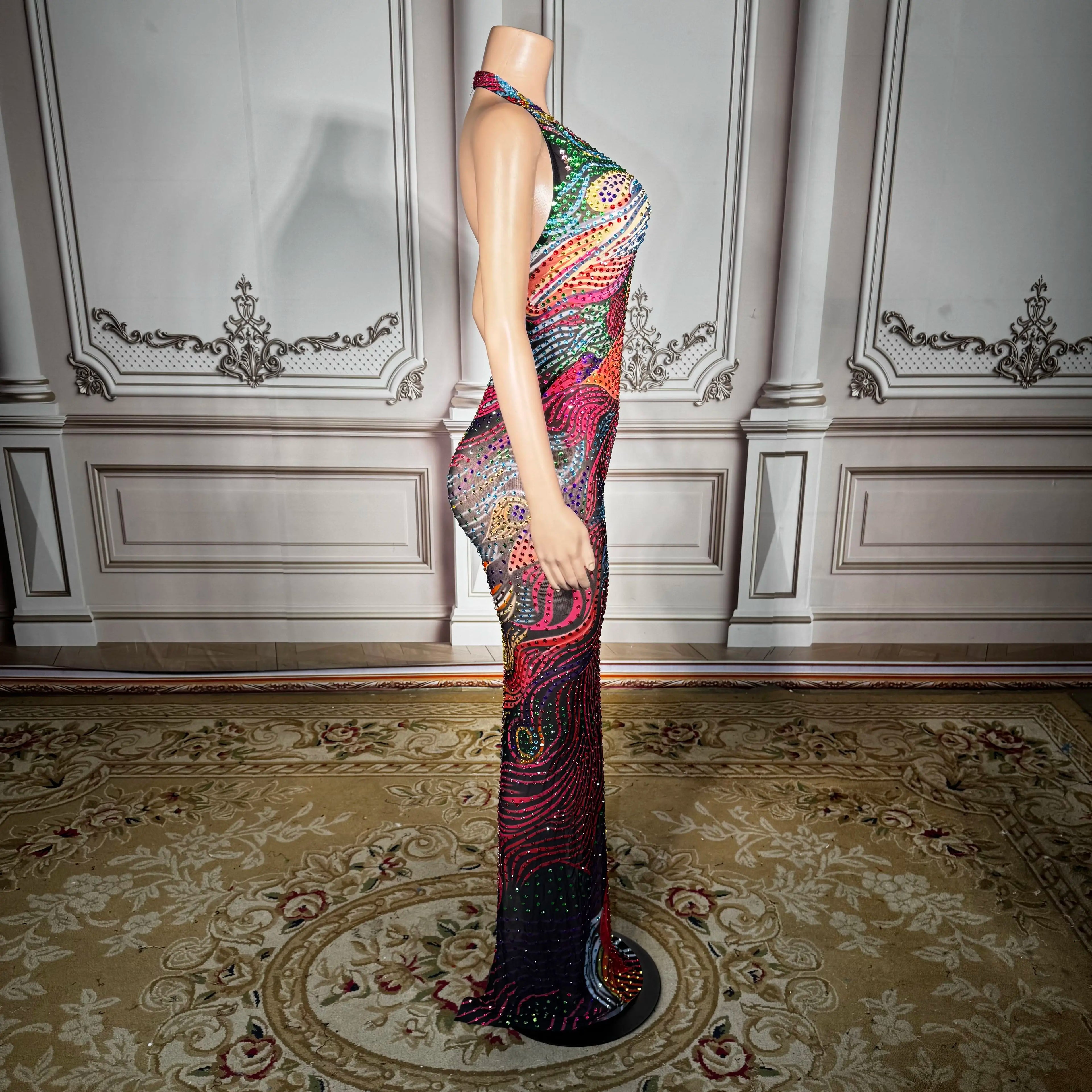 Plus Size Glam Night Sheer Mesh Dress With Colorful Rhinestones