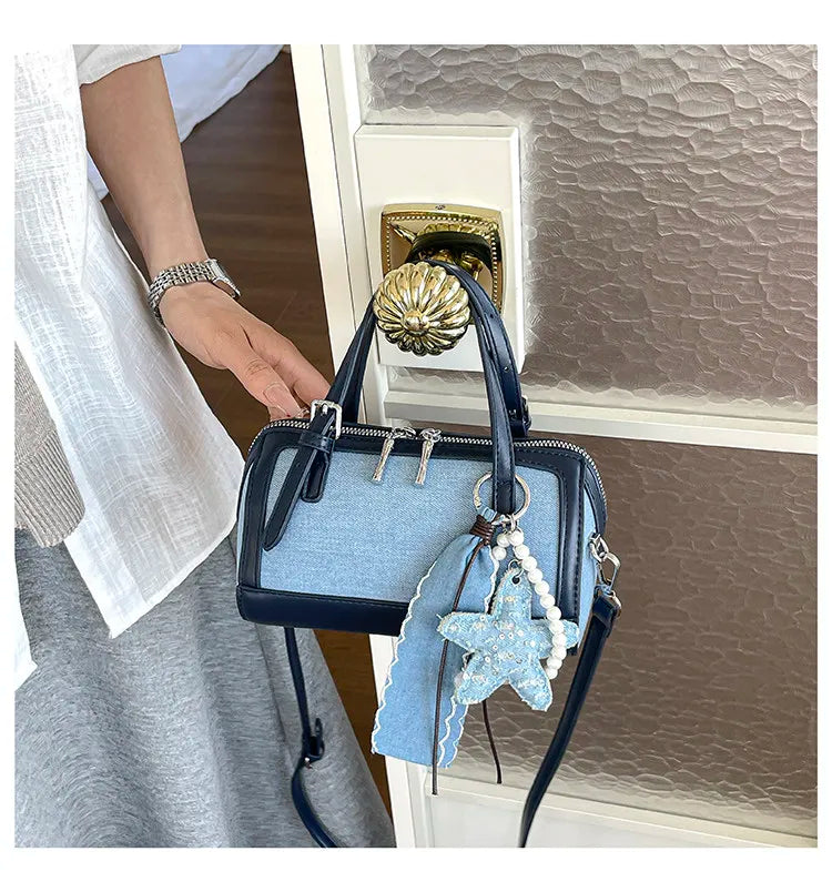 Denim Crossbody Bag With Embroidered Ruched Detailing And Subtle Rivet Accents