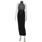 Elegant Lace Patchwork Sleeveless Dress For Women Chic Sheath Style With Hip Wrap