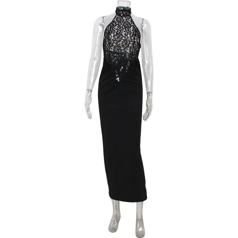 Elegant Lace Patchwork Sleeveless Dress For Women Chic Sheath Style With Hip Wrap