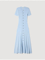 Baby Blue Knit Midi Dress With Button Front Short Sleeves Ruffles Slim Fit