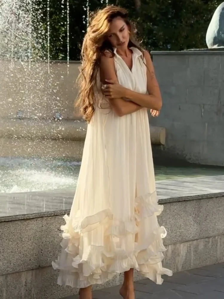 Ruffle Maxi Dress With Lapel V Neck Sleeveless Pleated High Waist