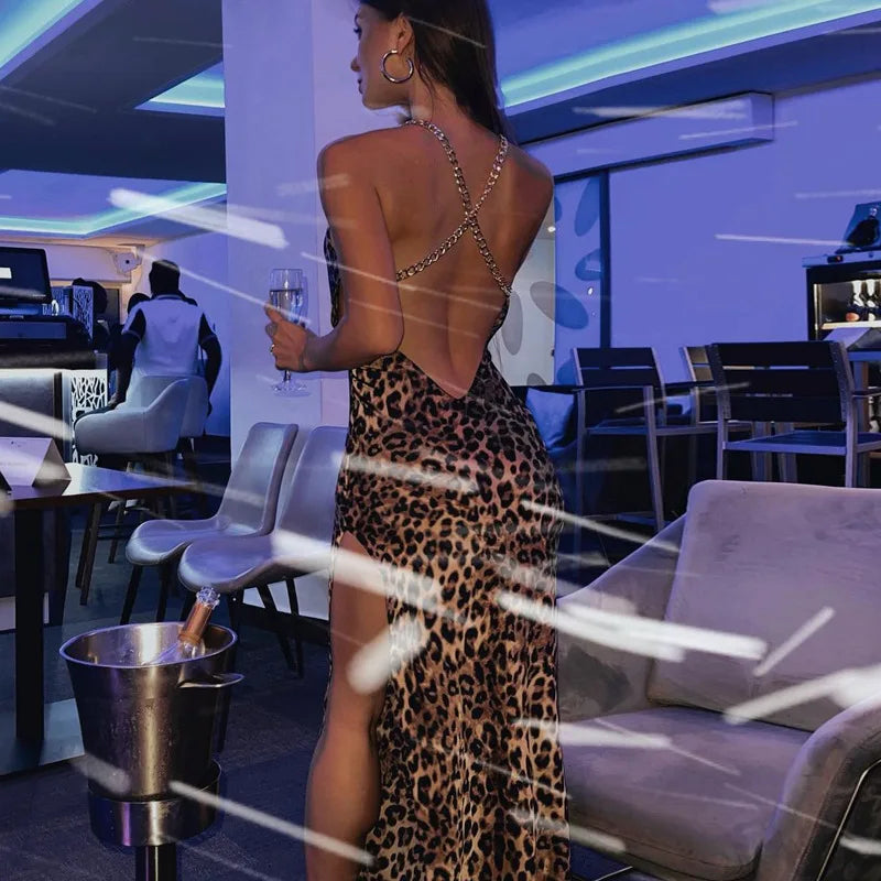 Leopard Print Sleeveless Backless Slit Dress With High Waist Camisole Straps