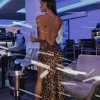 Leopard Print Sleeveless Backless Slit Dress With High Waist Camisole Straps