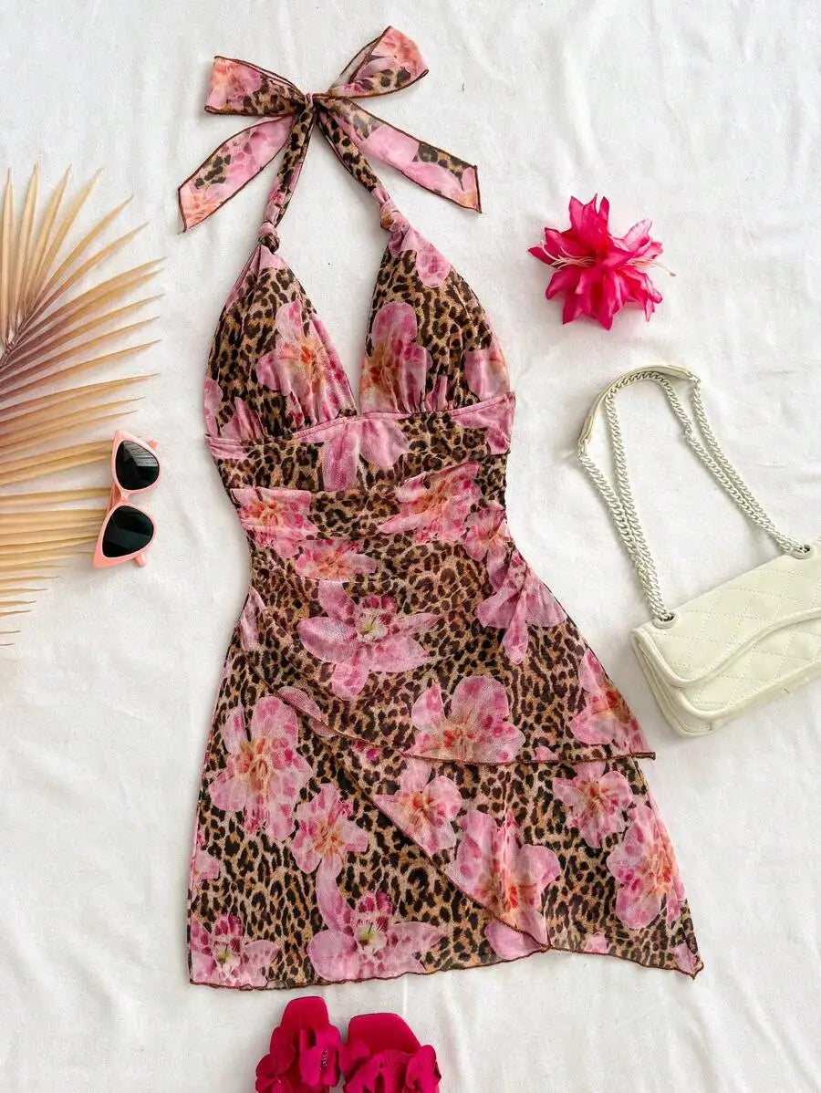 Leopard Halter Neck Mini Dress With Tie Up Front And Ruffle Hem