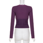 Romantic Purple Lace Patchwork Knit Top With Elegant V Neck
