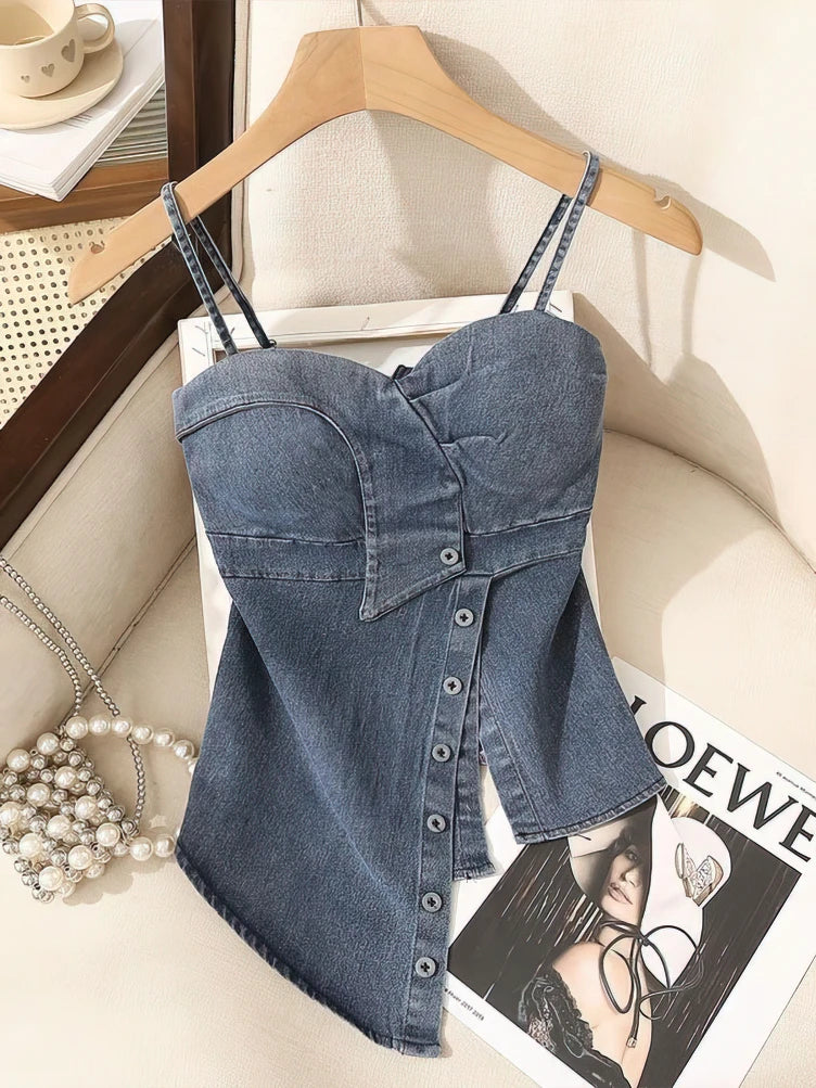 Denim Bustier Camisole Crop Top With Removable Strapless Corset