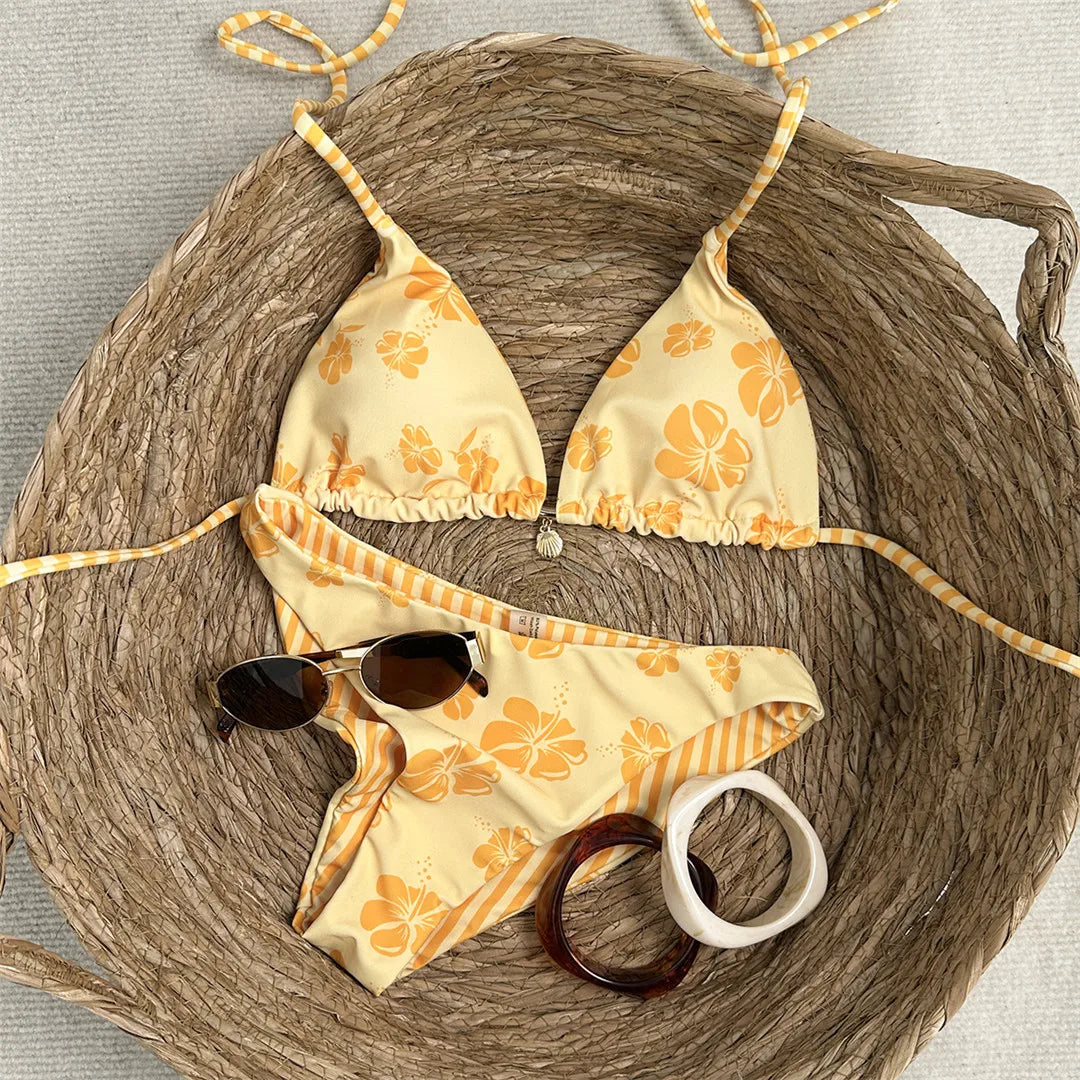 Brazilian Padded Sexy Floral Halter Two-pieces Bikini set