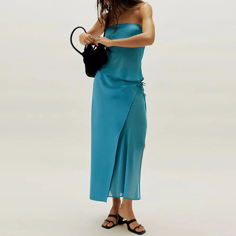 Strapless Hollow Out Top And Long Skirt Two Piece Set
