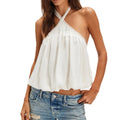 Cross Button Halter Top With Backless Design And Puffball Hem