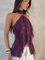 Tierred Backless Halter Patchwork Tank Top With Metal Buckle Accent Irregular Hem
