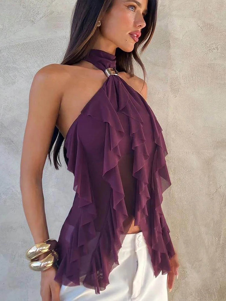 Tierred Backless Halter Patchwork Tank Top With Metal Buckle Accent Irregular Hem