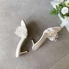 Butterfly Knot Heeled Slippers For Women Round Toe Slip On Sandals With Slim Heels