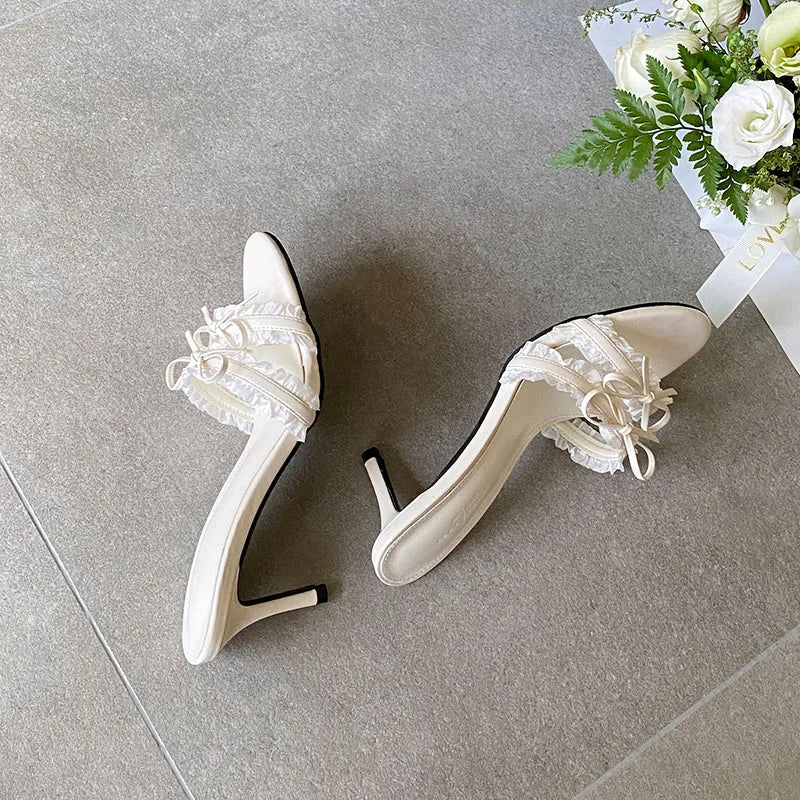 Butterfly Knot Heeled Slippers For Women Round Toe Slip On Sandals With Slim Heels