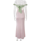 Color Block Off Shoulder Satin Maxi Dress With Lace Mesh Corset Bodice Elegant Evening Gown