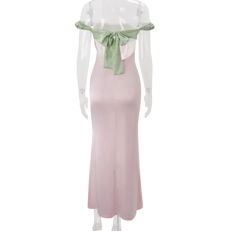 Color Block Off Shoulder Satin Maxi Dress With Lace Mesh Corset Bodice Elegant Evening Gown